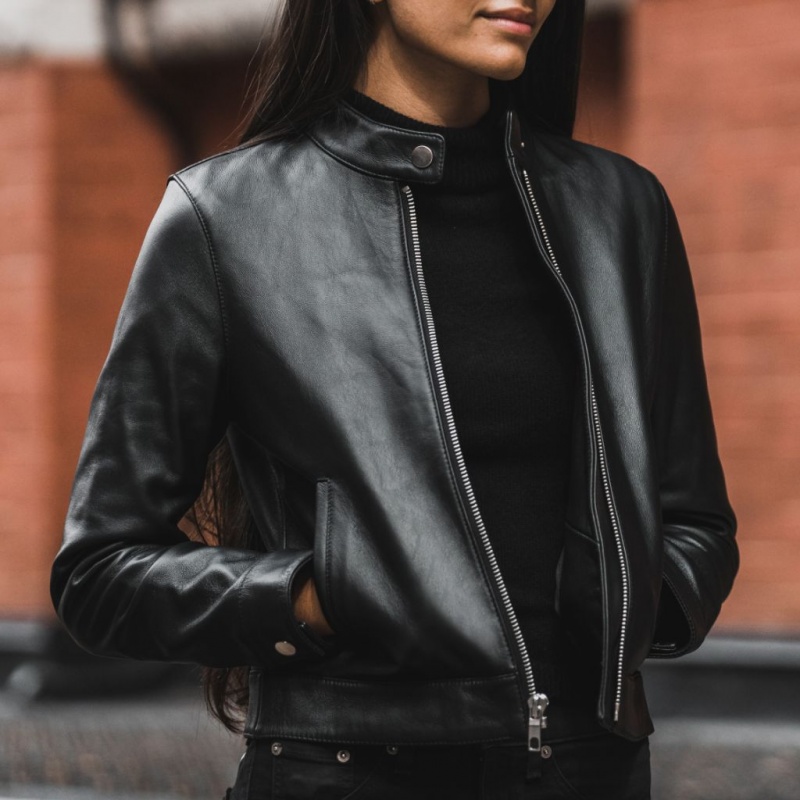 Thursday Boots Leder Racer Jacken Damen Schwarz | Österreich-86714VOWD