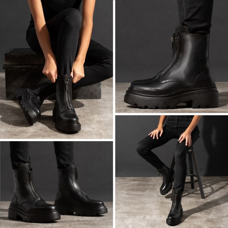 Thursday Boots Ryder Plattform Zip-Up Stiefeletten Damen Schwarz | Österreich-51489VZKB